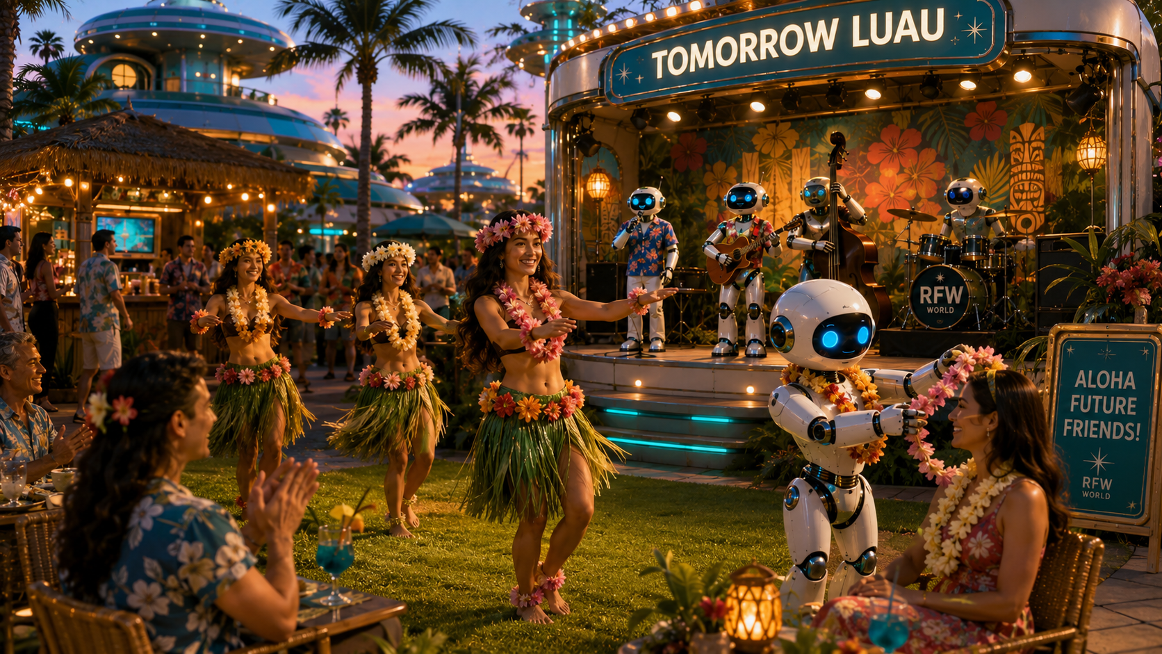 Robot entertainment and hula performance at a resort event